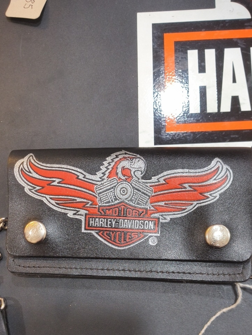 Vintage Harley-Davidson Black Leather Wallet with Orange Winged Eagle Logo